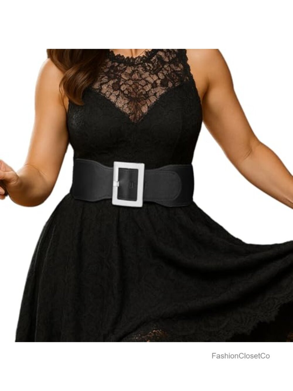 Wide Stretchy Elastic Waist Belt with Metal Rectangle Buckle for Dresses Costume